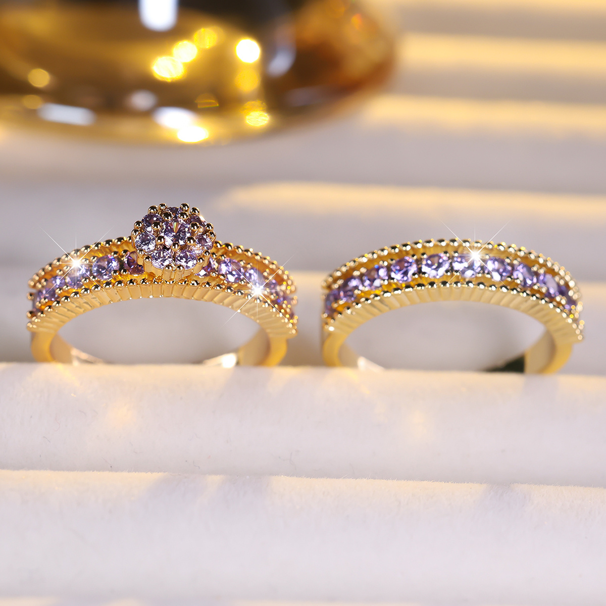 Set of 2 Luxury Golden Stackable Rings with Purple Stones